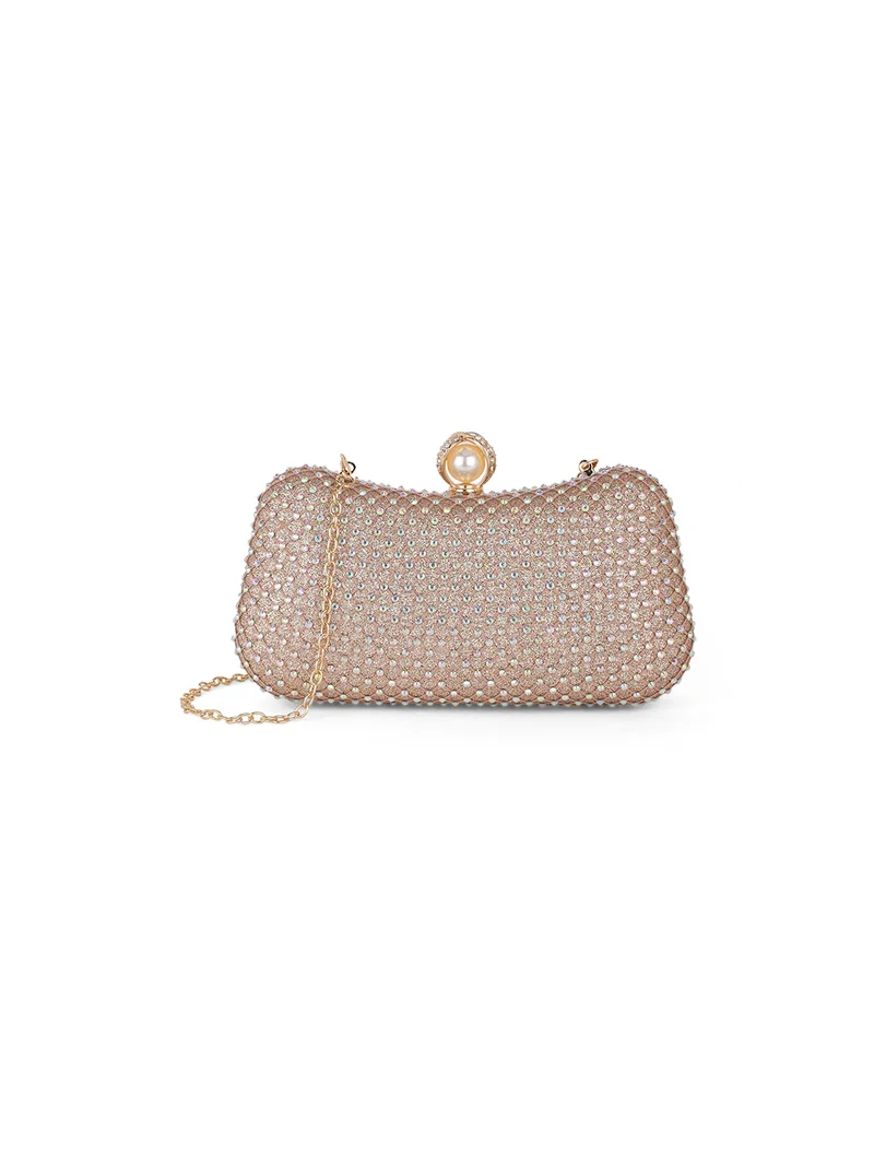 جلو باص Globus Women Rose Gold Embellished Curved Shape Party Clutch With Detachable Chain Strap